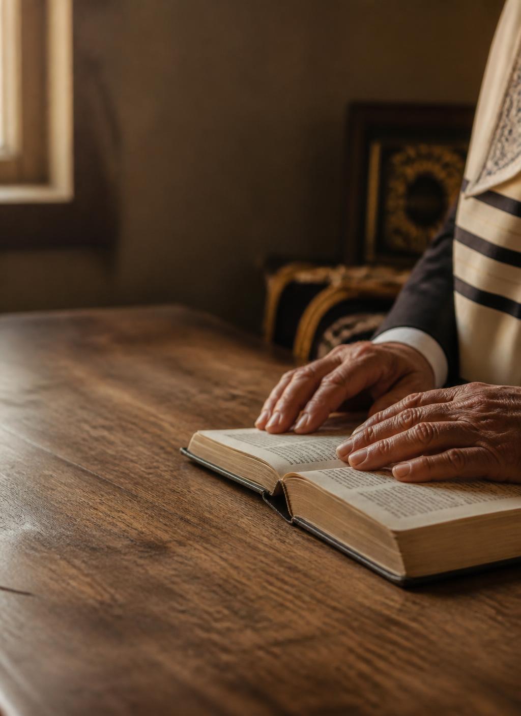ידיים מונחות על ספר פתוח על שולחן עץ — תמונת אווירה לעמוד של אהרון מאיר הורוביץ, טוען רבני